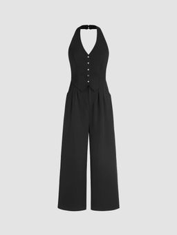 Cider - Solid Halter Button Jumpsuit