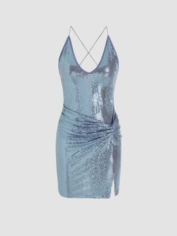 Cider - Sequin V Neck Criss Cross Knotted Split Mini Dress