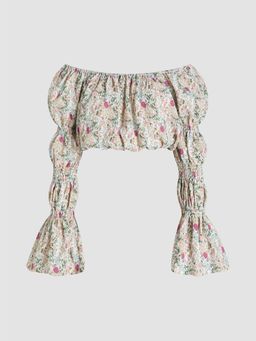 Cider - Off Shoulder Floral Ditsy Shirred Long Sleeve Blouse