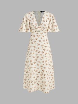 Cider - V Neck Ditsy Floral Hollow Out Midi Dress