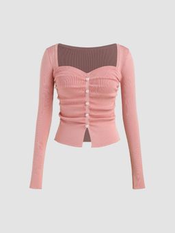 Cider - Sweetheart Neck Solid Faux Pearl Knitted Long Sleeve Top