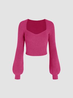 Cider - Knit Sweetheart Neck Solid Lantern Sleeve Top