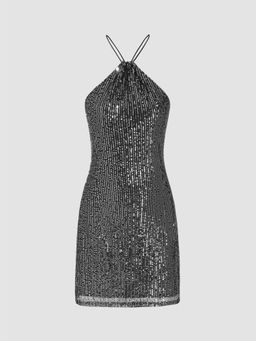 Cider - Sequins Halter Neckline Solid Midi Dress