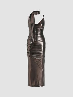 Cider - Jersey Metallic Ruched Cami Midi Dress With Choker (Set of 2)