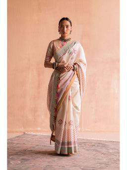 SWATTI KAPOOR - Svet Beige Floral Printed Saree with Stitched Blouse