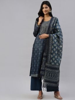 Readiprint - Navy Blue Chanderi Silk Unstitched Dress Material (Set of 3)