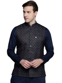 Manyavar - Blue Art Silk Festive Self Design Waistcoat