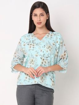 Not So Pink - Printed Sea Green V neck Top