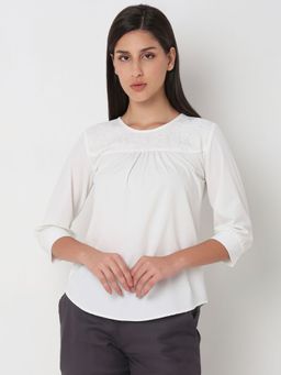 Not So Pink - White Round Neck with Self Design Top