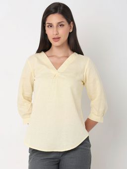 Not So Pink - Yellow Cotton V neck Top