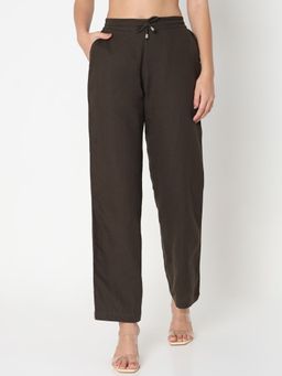 Not So Pink - Solid Brown Mid Waist Drawstring Straight Pant