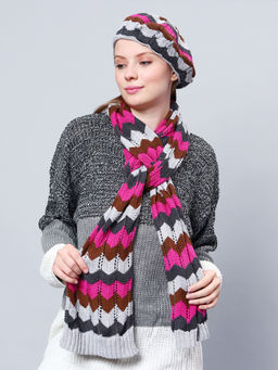 Bharatasya - Crochet Knit Cotton French Multi Color Beret and Scarf for Women (Set Of 2)