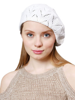 Bharatasya - Pointelle Knit Cotton White Beret for Women