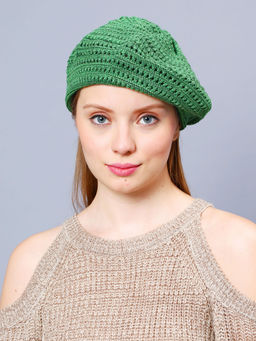 Bharatasya - Crochet Knit Cotton French Green Beret for Women