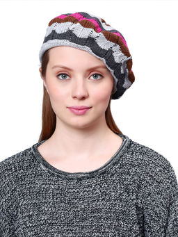 Bharatasya - Crochet Knit Cotton French Grey and Pink Beret for Women