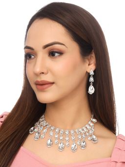 Yellow Chimes - Silver Toned Tear Drop Crystal Designed Necklace Set