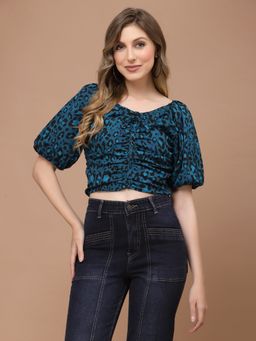 KASSUALLY - Blue Animal Print Rushed Raglan Sleeves Crop Top