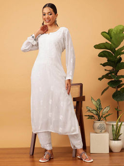 ADA - Hand Embroidered Lucknowi Chikankari White Viscose Georgette Kurta & Pant (Set of 2)