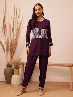 ADA - Hand Embroidered Ethnic Motifs Lucknowi Chikankari Wine Cotton Co-Ord (Set of 2)