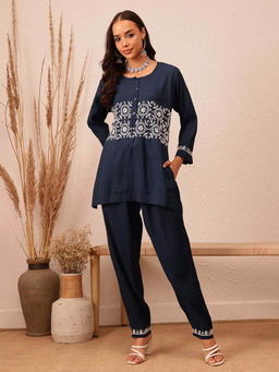 ADA - Hand Embroidered Ethnic Motifs Lucknowi Chikankari Navy Blue Cotton Co-Ord (Set of 2)