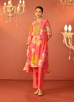 Lakshita - Fuchsia Pink Printed Chanderi Kurta and Pant (Set of 2)