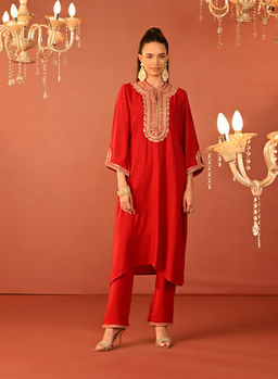 Lakshita - Red Embroidered Rayon Kurta and Pant (Set of 2)