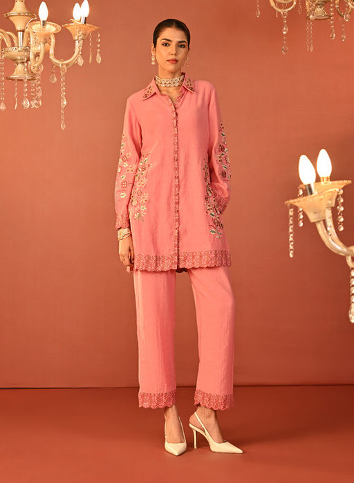 Baby Pink Off-Shoulder 100% Pure linen printed co-ord sets