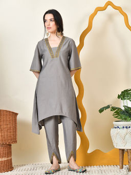 MYSHKA - Grey Solid V-Neck Bell Sleeves Kurta and Dhoti Pant (Set of 2 )