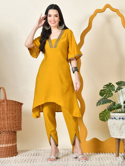 MYSHKA - Mustard Solid V-Neck Bell Sleeves Kurta and Dhoti Pant (Set of 2 )