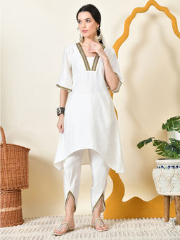 MYSHKA - White Solid V-Neck Bell Sleeves Kurta and Dhoti Pant (Set of 2 )