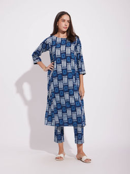Pink Fort - Cotton Dabu Geometric Print Kurta Set - Indigo (Set of 2)