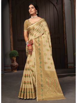 Sangam Prints - Beige Woven & Siroski Stone Work Traditional Saree with Unstitched Blouse