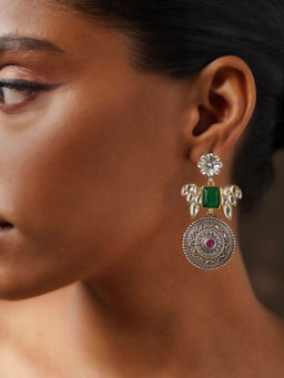 Abdesigns - Oxidized Silver Plated Green Stone Drop Handcrafted Earrings