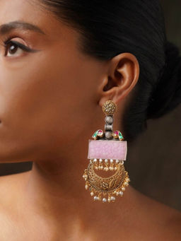 Abdesigns - Contemporary Dual Tone Pink Stone Drop Earrings