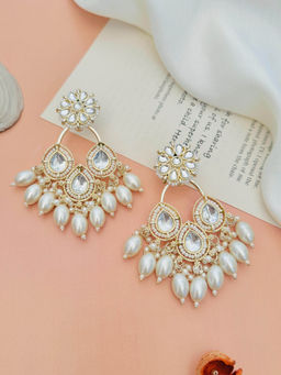 Abdesigns - White Pearl Gold-Plated Kundan Studded Drop Earrings