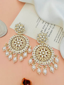 Abdesigns - Gold-Plated White Pearl Kundan Studded Drop Earrings