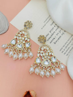 Abdesigns - White Pearl Kundan Studded Gold-Plated Drop Earrings