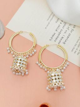 Abdesigns - White Pearl Gold-Plated Kundan Studded Drop Earrings