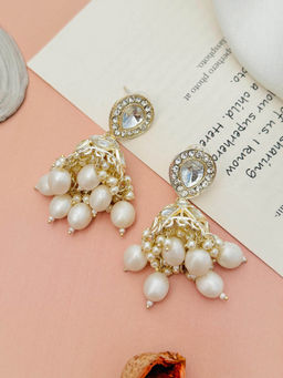 Abdesigns - White Pearl Gold-Plated Kundan Studded Jhumka Earrings