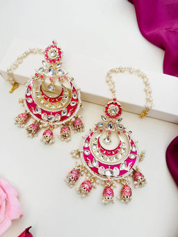 Abdesigns - Gold-Plated Pink Meenakari Kundan Studded Chandbali Earrings