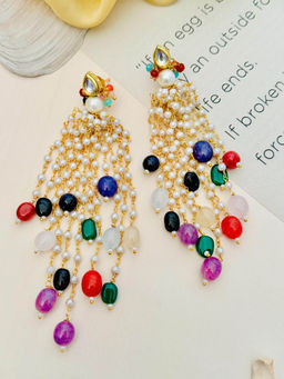 Abdesigns - Multi-Color Studded Pearl Gold-Plated Drop Earrings