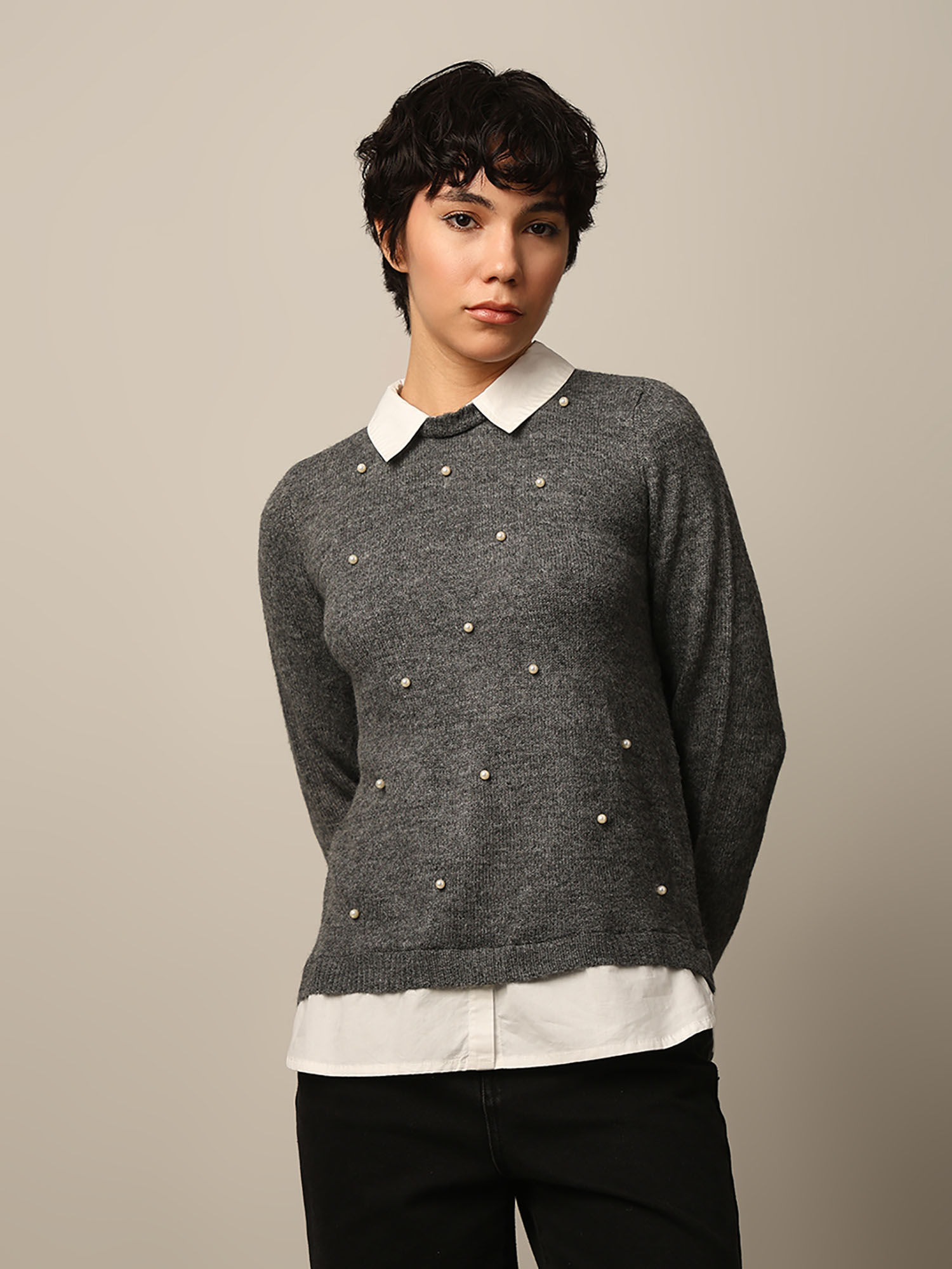 only Dark Grey Pearl Embellished Sweater-picture-15