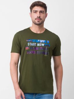 Spykar - Rifle Green Cotton Half Sleeve Printed Casual T-Shirt for Men