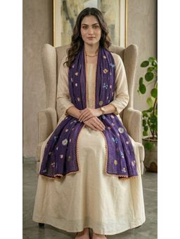 HANDME - Royal Purple Floral Mul Chanderi Embroidered Lace Stole