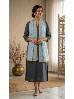 HANDME - Serene Sky Blue Floral Mul Chanderi Embroidered Lace Stole