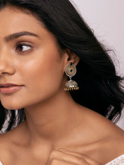 Indya - Earthen BY INDYA Dual Tone Blue Stone Jhumka Earrings