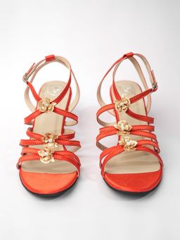 Sana K Luxurious Footwear - Orange Round Toe Narrow Fit Burnt Flower Sandal Heels