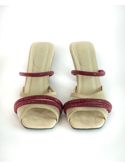 Sana K Luxurious Footwear - Beige Square Toe Slip On Closure Alaya Ruby Sandal Heels