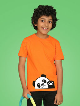 Nusyl - Boys Orange Panda Printed Cotton Blended T-Shirt