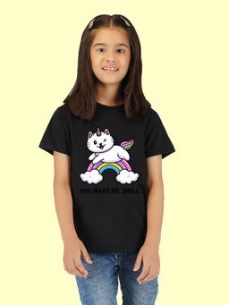 Nusyl - Girls Black Cat Printed T-Shirt